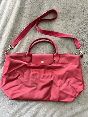 Longchamp Le Pliage Raspberry Nylon Tote with Shoulder Strap Silver Hardware